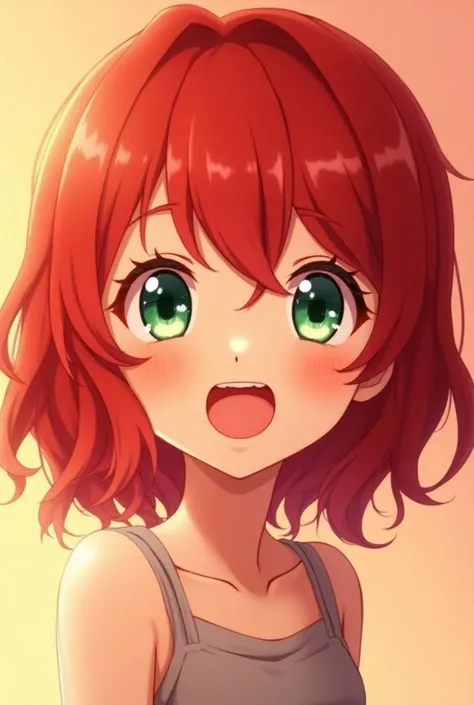  a girl with red hair whose length is below the collarbone。The color of the eyes is green, 、 the eyes are crunchy and big 。 the skin is fair and cute when laughing 。I want it to be anime style