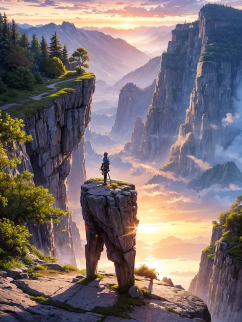 cool,  longsword , stuck in a rock at the top of the mountain, the background is a very beautiful sunrise