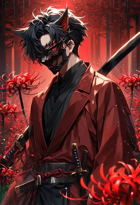 Handsome, solo, 1 male, short hair, black hair, red eyes, black kitsune mask, black shirt, red coat, red spider lilies, katana