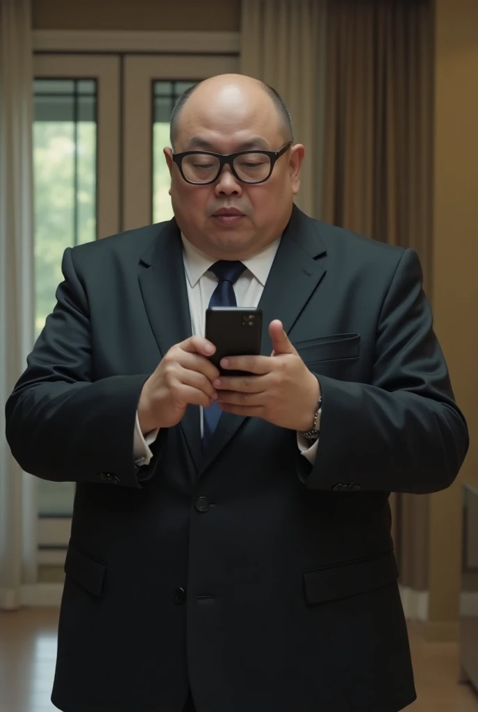 Video upper body black suit Chinese fat man,eyes can move very much,short round head,hair is very short,round face,round chin,short beard,chest is very big and developed,black round glasses,chest is very big and developed,big belly is very big and develope...