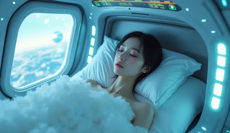 Beautiful Japanese woman lying in a capsule shaped cold sleep machine bed inside a futuristic spaceship, cold sleep machine, (like dry ice smoke), frozen beauty ((full body shot)), beautiful detailed eyes, beautiful detailed lips, highly detailed face, lon...