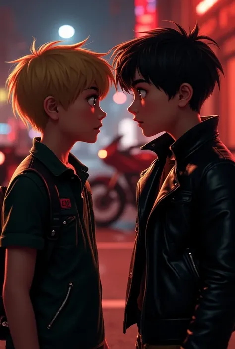  A blond boy in casual clothes and a dark-haired boy with black clothes and a leather jacket looking at each other intently, At night and in the background a motorcycle , red flashes . Foto realista 