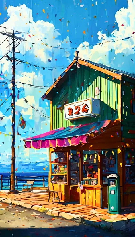 A semi-realistic, cartoon-style scene of a general store on the sea, with crystal clear waters, a telephone pole, a vivid summer sky, and a sharp contrast of sun and shadow, in 8K HDR quality. A semi-realistic, cartoon-style scene of a general store on the...