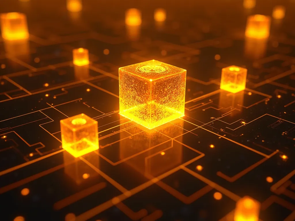 A captivating representation of the concepts of blockchain technology , a golden glowing network, a graphical representation of the working of blockchain technology , golden cubes, circuit  light emitting from cubes, in a dark orange cobalt  and golden neon background. This image is a digital artwork created using generative AI and creative AI. no text.