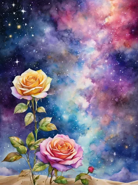 Watercolor Art, Flowers, Watercolor Flowers, multicolored watercolor roses float in the space between the earth and the starry sky and are a smooth transition between clouds above and sand below, cosmic dust descends to the earth and forms blooming roses, ...