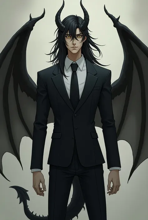 Tall, male, long curved horns, dragon wings/tail, yellow eyes, defined masculine features, lean, friendly, wearing a suit, long black hair, humanoid,