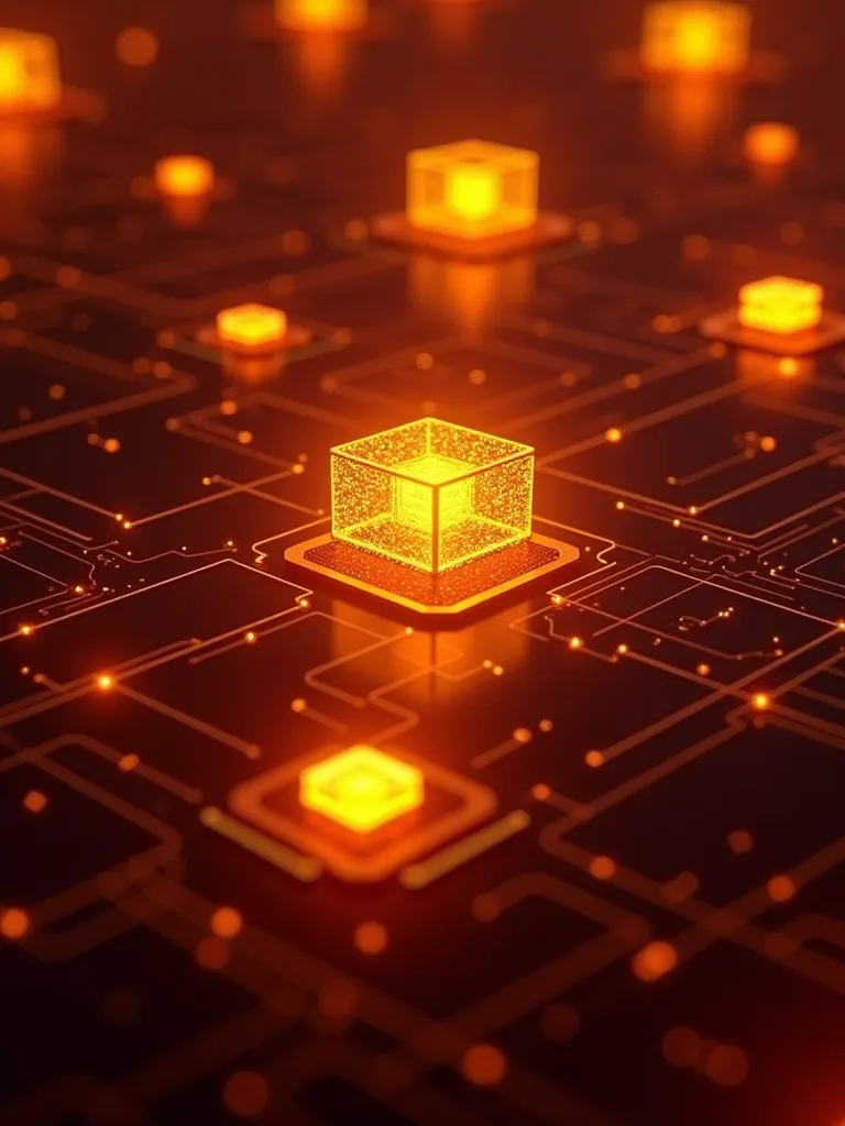 A captivating representation of the concepts of blockchain technology , a maroon golden glowing network, a graphical representation of the working of blockchain technology , golden cubes, circuit  light emitting from cubes, in a dark orange cobalt  and golden neon background. This image is a digital artwork created using generative AI and creative AI. no text.