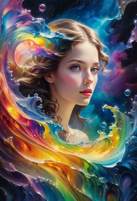 A color painting of a beautiful young woman., mysterious waves at night. 3d. rainbow colors. The melting beauty of the universe. Surrealism in reflections of nebula fragments. glass texture，Translucent，crystal，blister