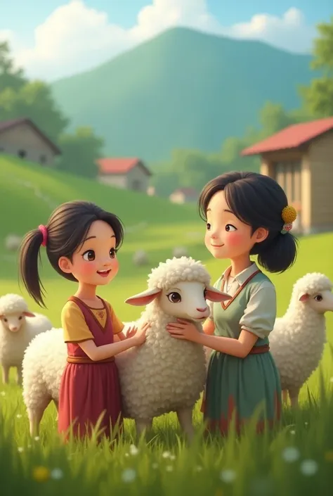 (photorealism:1.2), the young teacher and rens are taking part in educational tourism activities at a sheep farm. They looked enthusiastic about interacting with the sheep, some were carrying them, feeding them and paying attention to the guides explanatio...