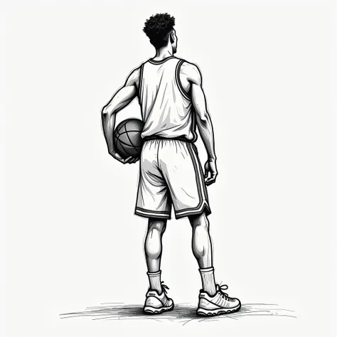 silhouette d’un basketteur . dessin dans le style esquisse minimaliste au trait en noir et blanc. le personnage est entier en gros plan sans barrière plan .seul les contours de la silhouette sont visibles.