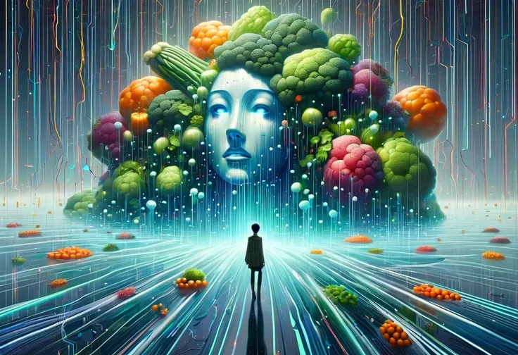 quirky and unexpected; One lovely cybernetic vegetable being focus on face encompassing an abstract image illustrating the overwhelming flood of digital data in our tech-driven world, titled Digital Deluge. The visuals should depict a dynamic, flowing comp...