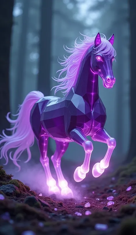 A majestic, crystal horse galloping through a dark, misty forest. The horse is made of dark purple, amethyst-like facets with an inner glow, and has a flowing, translucent purple mane and tail that emit a soft luminescence. The hooves glow with a radiant p...