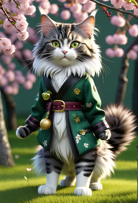 Cat walking on two legs 　 left eye wink

Cat breeds： Maine Coon
Coat color and pattern ： black＆Silver
Outfit ： green haramaki 、 black belt
Physical characteristics ： three wounds on left eye
Accessories ： golden small earrings
props：Three small swords on t...