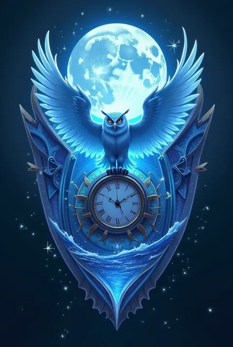 2D shield,  is represented whose name is Elemental Owls ,  their light blue colors , dark , and yellow,  where air , the light, the water,  the moon and time .  The shield must have an owl in the center of the shield.  The owl must be standing at a clock a...