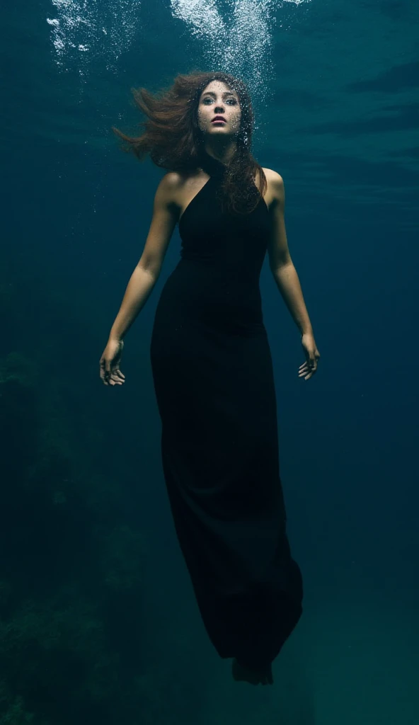 A beautiful woman with long dark hair in black dress goes down with his back down under deep water. detailed face and features, Radiant skin, intricate costume details, underwater background, ambient lighting, studio quality, very detailed, Photorealistic,...