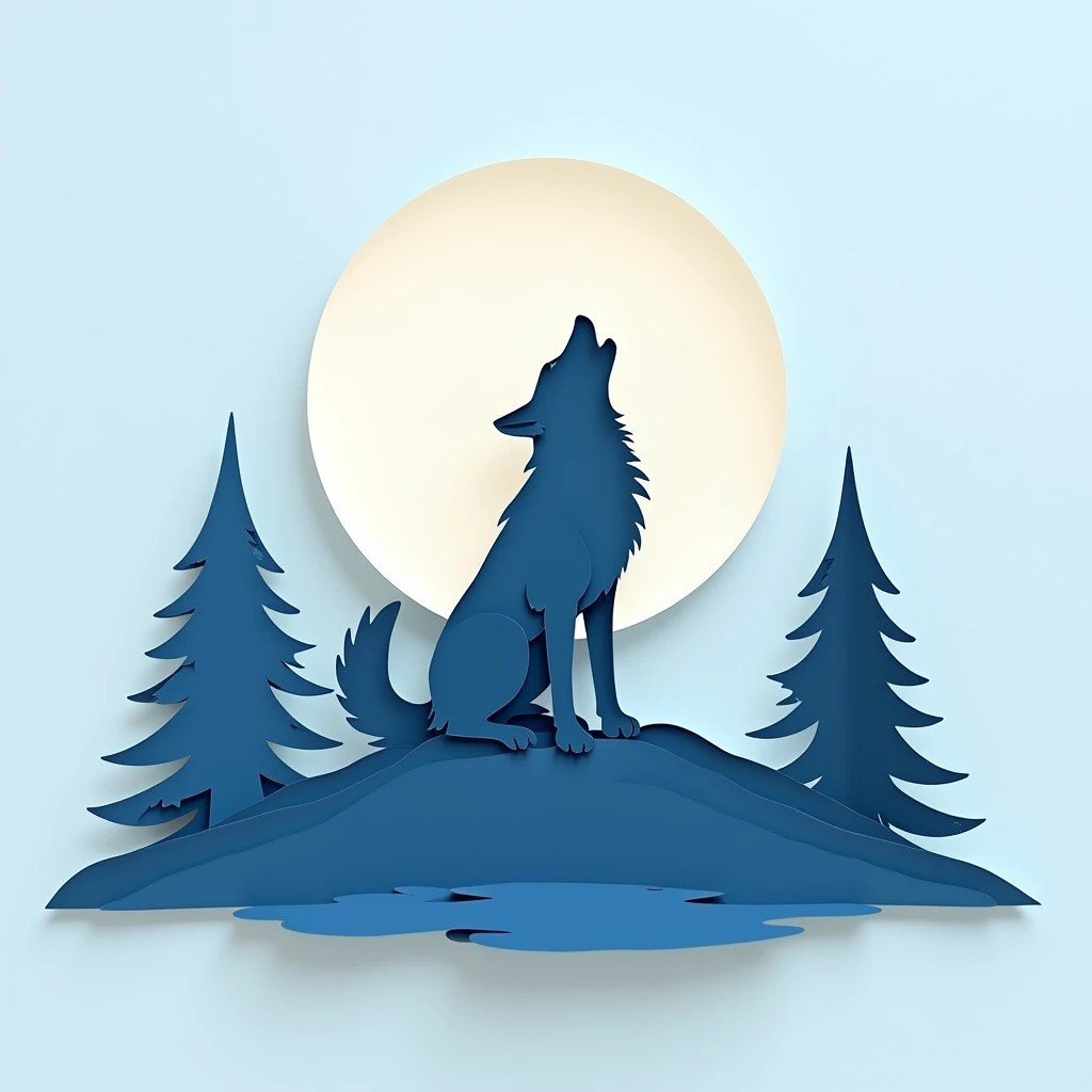 "A simple, minimalist paper-cut style illustration of a wolf howling at the moon. The design has only a few layers in shades of blue and white, with a soft depth effect. The wolf silhouette stands on a small hill, with a large full moon behind it and one o...