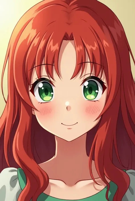 A girl with red hair and her hair is around her waist。The color of the eyes is green, 、 the eyes are crunchy and big 。 the skin is fair and cute when laughing 。I want it to be finished in anime style