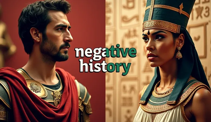 The image features a visually striking design, combining historical figures and a modern twist. On the left side of the image is a depiction of Julius Caesar, wearing a Roman generals attire with a red cloak and gold armor. To the right, Cleopatra VII is p...