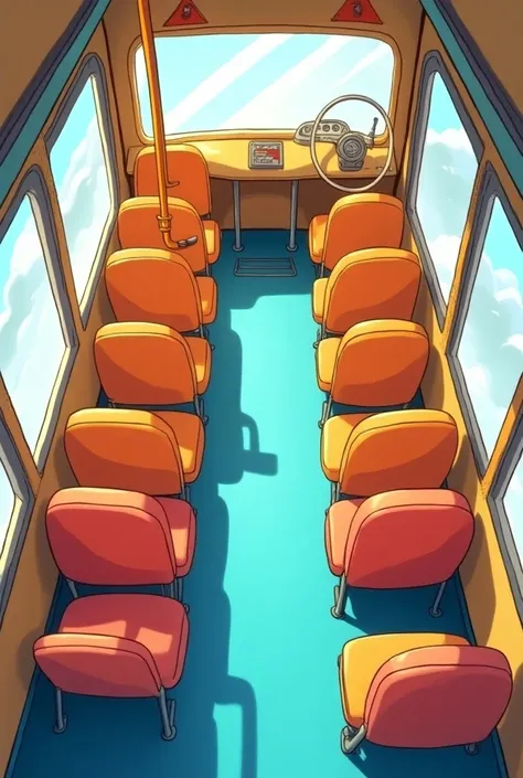  animated bus  , inside view  , top view  ,with 10 seats , without people ,  blueprint style , cartoon style,  bright colors 