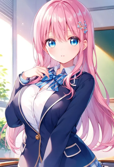 凛としたbeautiful girl、Pink Hair、Super Long、Blue Eyes、Slightly larger breasts、classroom、Gentle expression、beautiful girl、Wearing a blazer uniform、Cute high school girl