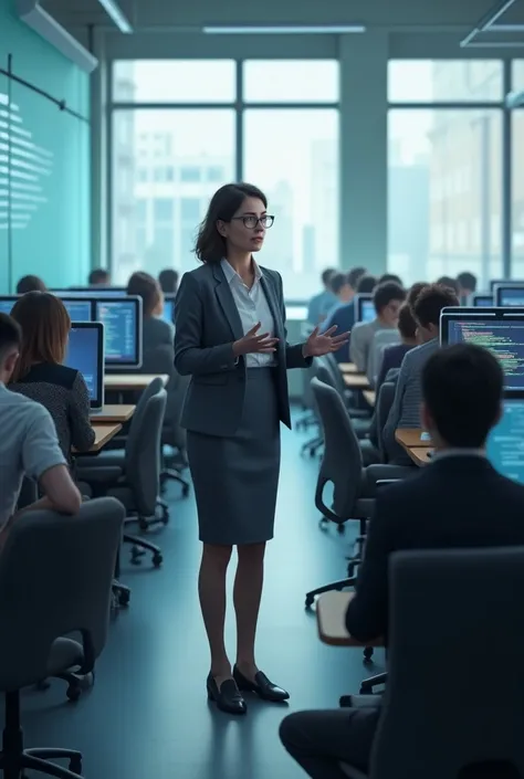 A teacher teaching her classes to university students who are in a computer laboratory 