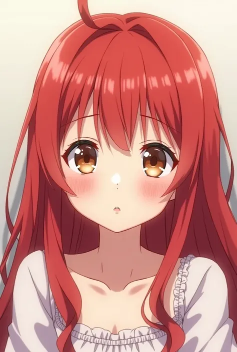 Anime girl with red hair and brown eyes, blushing, the flat