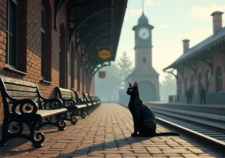 imagine the following, Black cat waiting at the train station