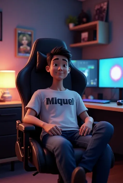 I want a photo in the gamer room with a 30-year-old 3D boy sitting in a gamer chair with a shirt written MIGUEL.