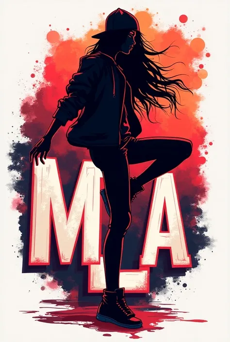 Create a logo with initials  "M, L, A".  Add a sillouhette of a female dancer wearing a jacket and a baseball cap dancing to hiphop full body.