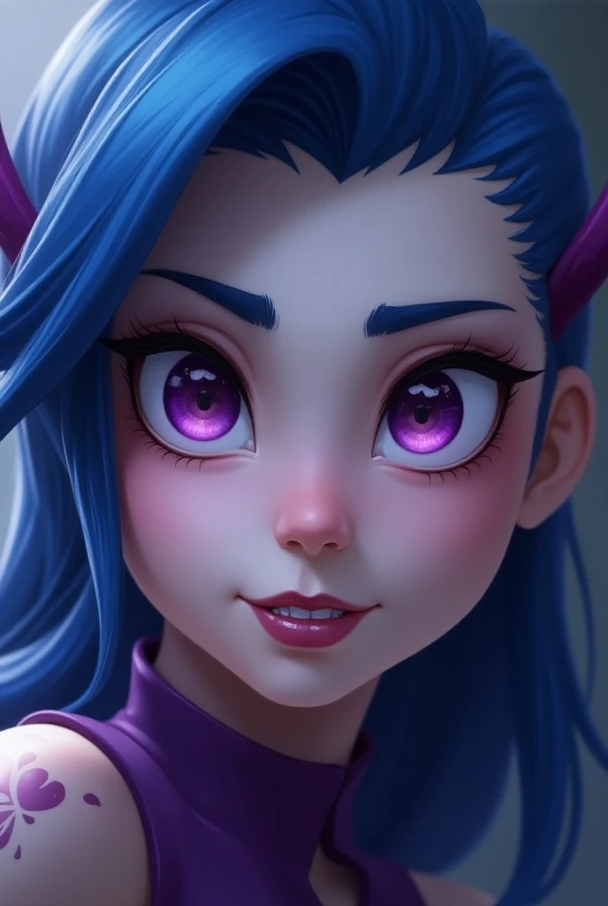 a close up of a woman with blue hair and a purple outfit, jinx from league of legends, arcane jinx, jinx expression, jinx face, jinx from arcane, portrait of jinx from arcane, league of legends character, samira from league of legends, league of legends ch...