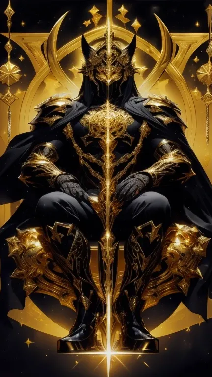 ( high quality), (masterpiece), ( better detail ), ( full body), ( man in black armor with golden runes ), ( wolf ears on a black helmet with gold runes), (the golden moon above your head ), (meditates in the lotus position ), (a man in black armor with go...