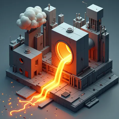 Generate icon of tilted induction furnace pouring liquid metal, producing sparkles, smoke forming into the words "UMA", digital artwork style, geometric shapes, 3D, isometric view.