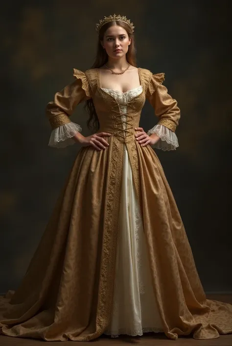  15-year-old Riley Andersen , neckline, Diafragma,  dressed in a very expensive lady dress from the medieval era , with an almost divine beauty ,  but still showing kindness and innocence and sensual hands on her waist,  big breasts shirt, caderas anchas, ...