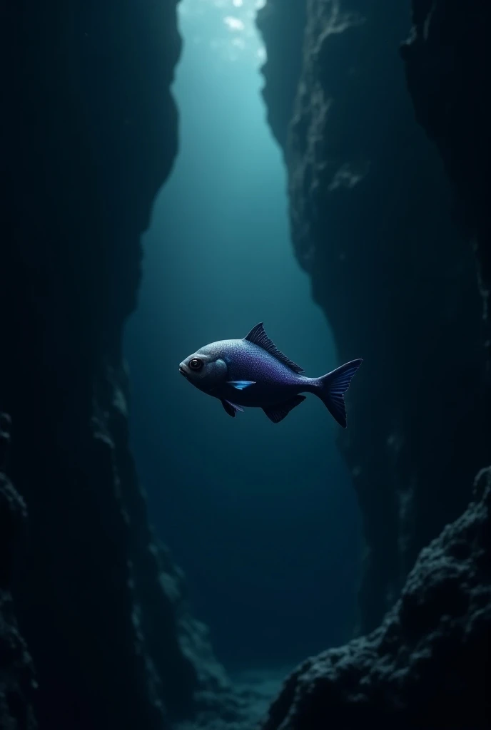 A fish in a dark sea water and behind it a cave type scene 