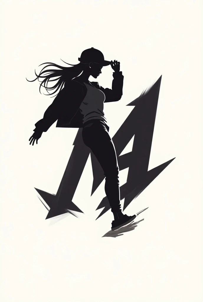 Create a logo with initials " M, L, A " combined. Add a sillouhette of a female dancer wearing a jacket and a baseball cap dancing to hiphop full body