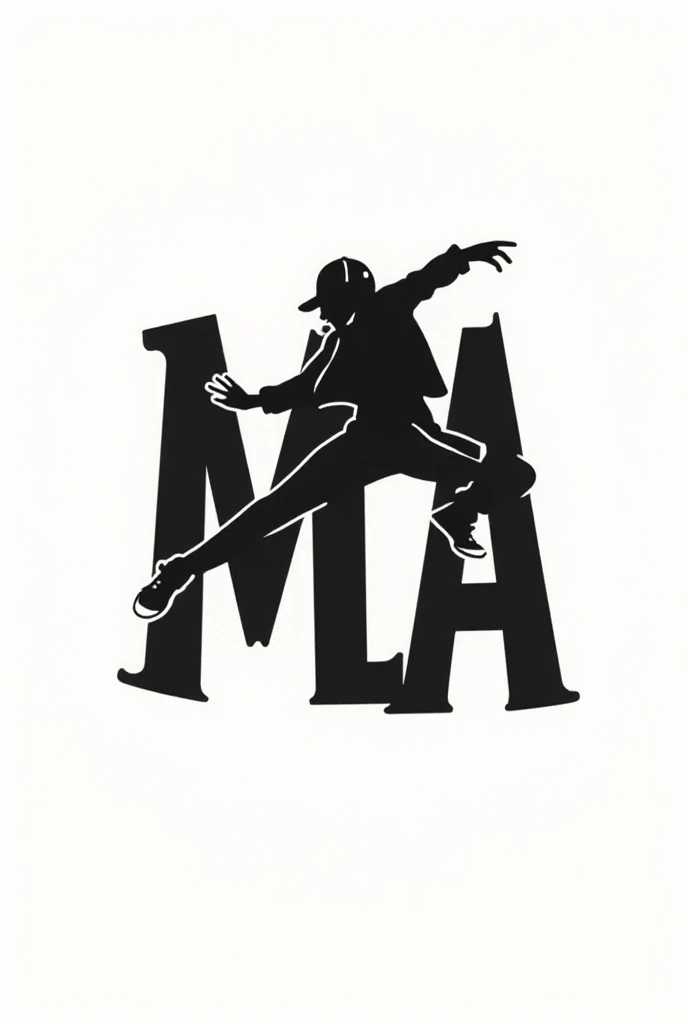 Create a logo with initials " M, L, A " combined. Add a sillouhette of a female dancer wearing a jacket and a baseball cap dancing to hiphop full body