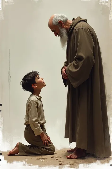 A boy is kneel down in front of a man 
