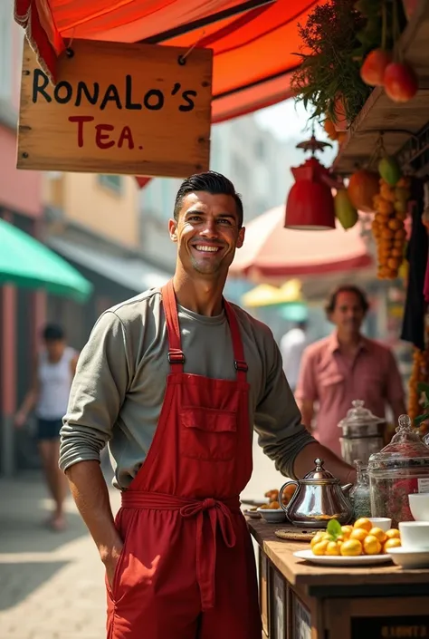 Image of a man resembling Cristiano Ronaldo standing proudly at a tea stall in a busy outdoor market. He is in the act of opening his tea stall, setting up tea cups and a kettle, with a welcoming smile on his face. The stall has a colorful display of tea v...