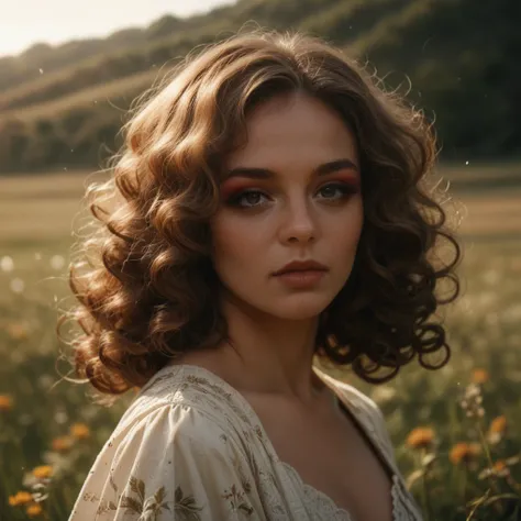 (masterpiece:1.2), (best quality:1.2), perfect eyes, perfect face, perfect lighting, mature female in a field, medium blond hair, curly hair, detailed clothes, detailed outdoor background, makeup, eyeshadow, thick eyelashes, fantasy, looking at the viewer,...