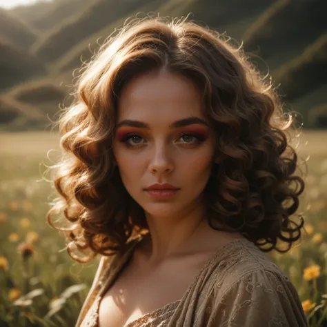 (masterpiece:1.2), (best quality:1.2), perfect eyes, perfect face, perfect lighting, mature female in a field, medium blond hair, curly hair, detailed clothes, detailed outdoor background, makeup, eyeshadow, thick eyelashes, fantasy, looking at the viewer,...