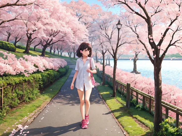  girl walking through cherry blossom trees,naked,shirt, sneakers