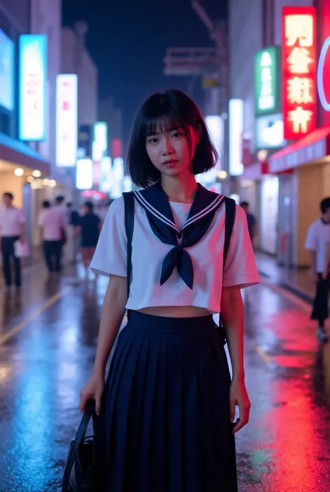 Japanese beautiful actress, teen idol, photorealistic,  ultra realistic , RAW photo,  sailor suit, long pleated skirt, sailor uniform, (stomach, berry:0.8),  live action 、rain、Vibrant street、The city lights in the metropolis of Osaka 、 city lights are refl...