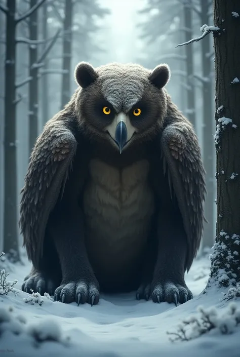 A formidable hybrid creature, part bear and part owl, with a bear’s massive, furry body and an owl’s head and wings. It sits in a snowy forest, surrounded by towering trees. Its sharp beak and piercing yellow eyes give it an intense, wise expression. Soft,...