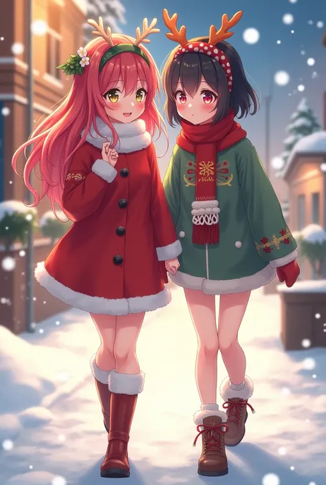 Create 2 anime girls dressed for Christmas walking