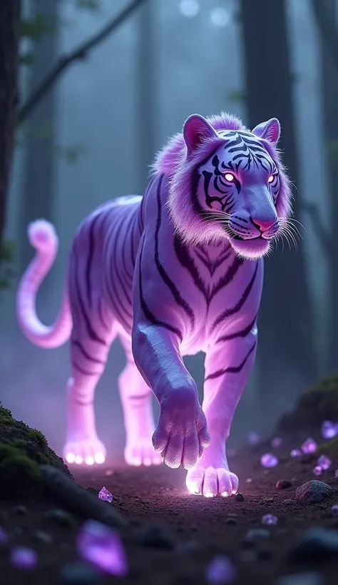 A majestic, crystal tiger galloping through a dark, misty forest. The tiger is made of dark purple, amethyst-like facets with an inner glow, and has a flowing, translucent purple mane and tail that emit a soft luminescence. The hooves glow with a radiant p...