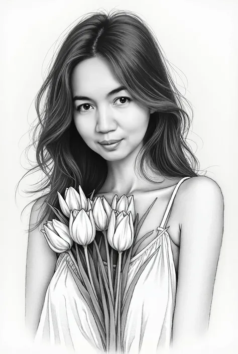 a portrait of a beautiful Malay woman, sun dress,  Defined Black Lines, Girl, solo, water, Girl hugging tulips, Simple background, white background, monochrome, line art, ((Sketch: 1.5)), ((high quality, Masterpiece: 1.4)), ((upper-body: 1.2)), portrait sk...