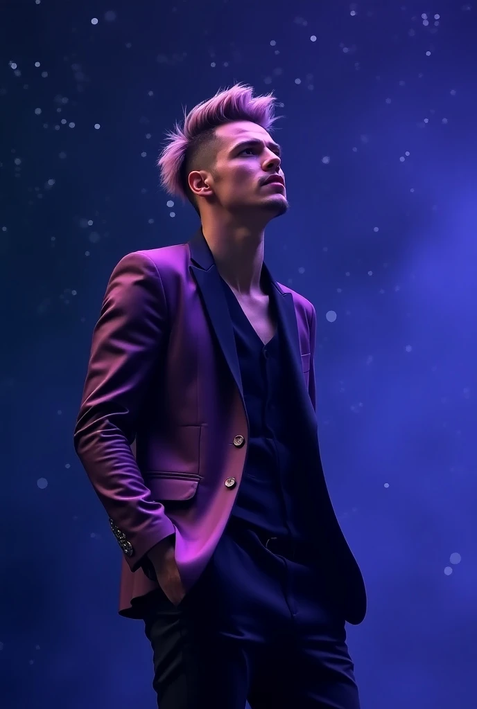 cool singer, german, young man in a suit, hyper realistic, night with stars background, futuristic long haircut, gradient hair color, purple gradient color jacket

