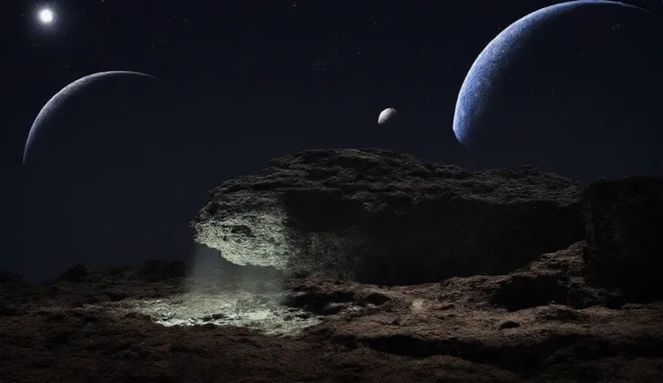  General Plane of a space scene between asteroid clusters ,  IN DEEP DARKNESS FROM SPACE with a rocky asteroid in the foreground ,  semi-illuminated by a distant sun . A large FUTURISTIC SPACESHIP , gigantic,  HUGE 2,300 METERS IN LENGTH parked near ,  emi...