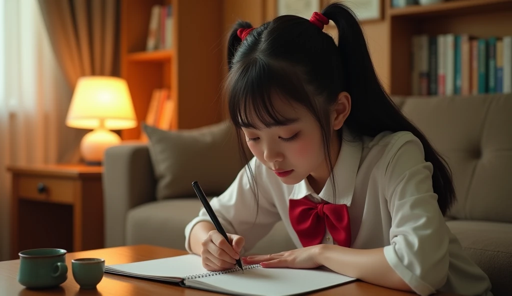 Realism，Very realistic，Realistic photos， shot from half side，Half side ，facial close-up，超Realism，8k quality，HD，Picture of writing with ones head down，The camera focuses on the image of her writing。 An 18-year-old young girl with a double ponytail ，Shes a d...