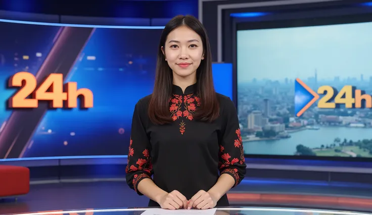 Positioned at a modern broadcast desk, the attractive Vietnamese female host engages the audience with her confident smile. Vietnamese traditional costume. The backdrop showcases a striking navy and orange color scheme, featuring the "24h" logo, an innovat...